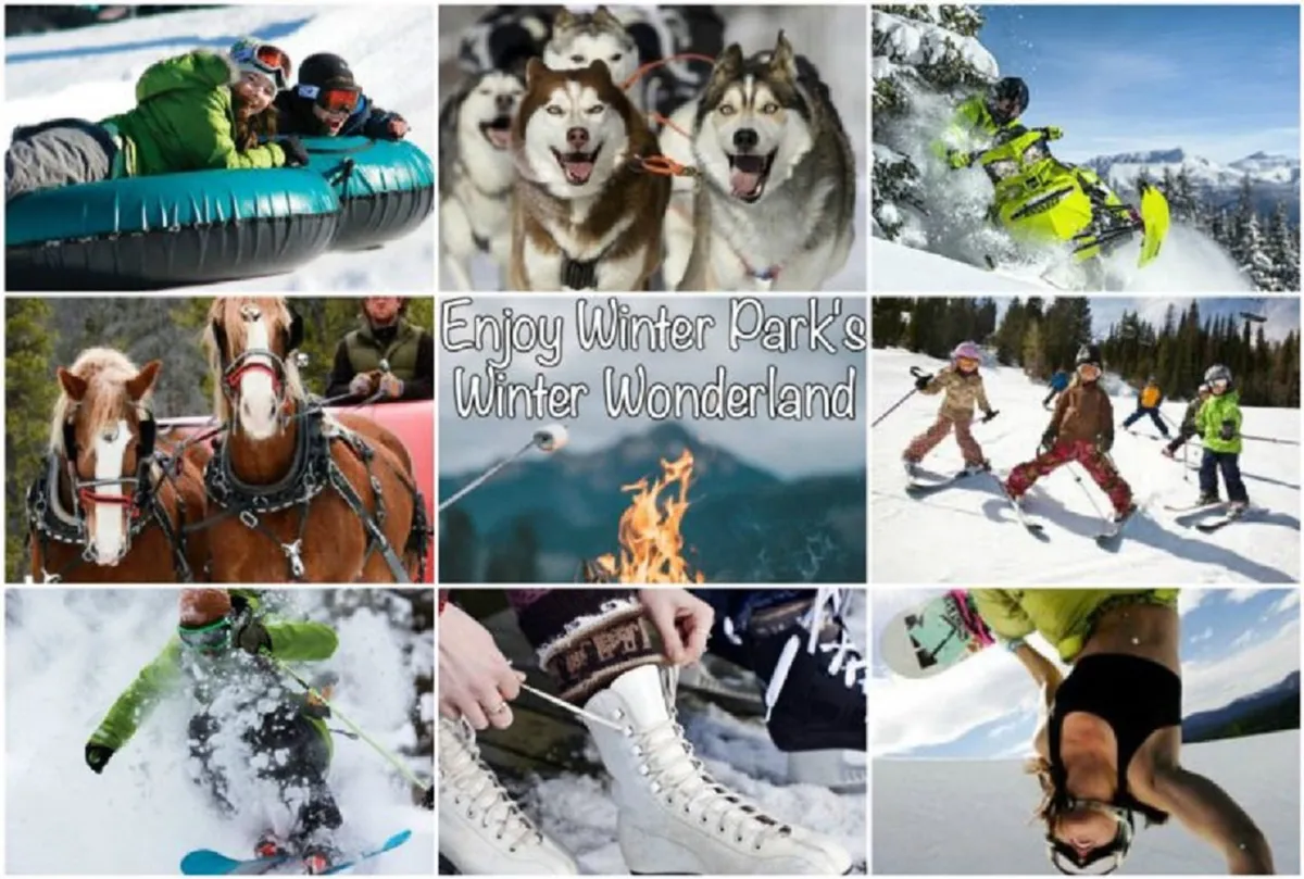 A lively winter scene featuring families and friends enjoying a variety of snow activities including snow tubing, husky dog sledding, snowmobiling, horse-drawn sleigh rides, skiing, and snowboarding. In the foreground, people gather around a fire pit, taking in the snowy landscape and vibrant atmosphere.