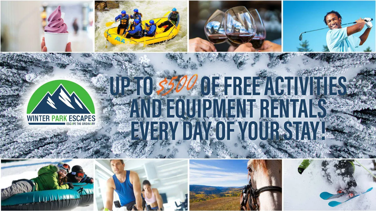 A dynamic scene showcasing families enjoying outdoor activities like rafting, skiing, horseback riding, and sampling local treats. The backdrop of nature and energy underscores the variety of adventures available.