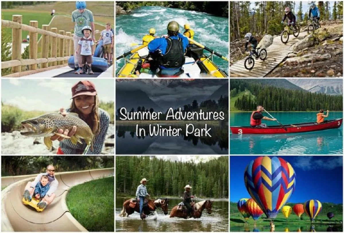 A vibrant outdoor scene featuring families and groups engaged in various adventurous activities such as whitewater rafting, mountain biking, kayaking, and hot air ballooning, all set against a picturesque mountain landscape. The atmosphere is energetic, joyful, and brimming with opportunities for exploration and connection with nature.